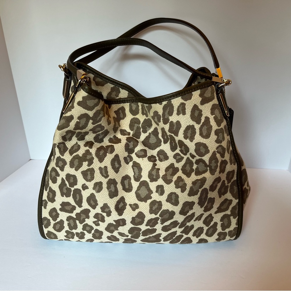 Coach Brown Tan Leopard Shoulder Bag with Structured Design